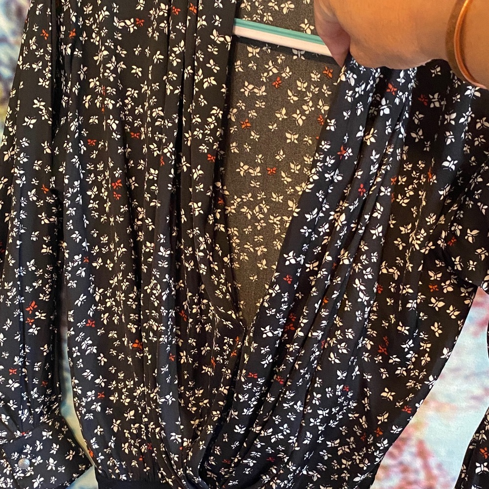 NWOT Free People Black/white/red silky feel deep V Bodysuit with butterflies - Picture 2 of 9